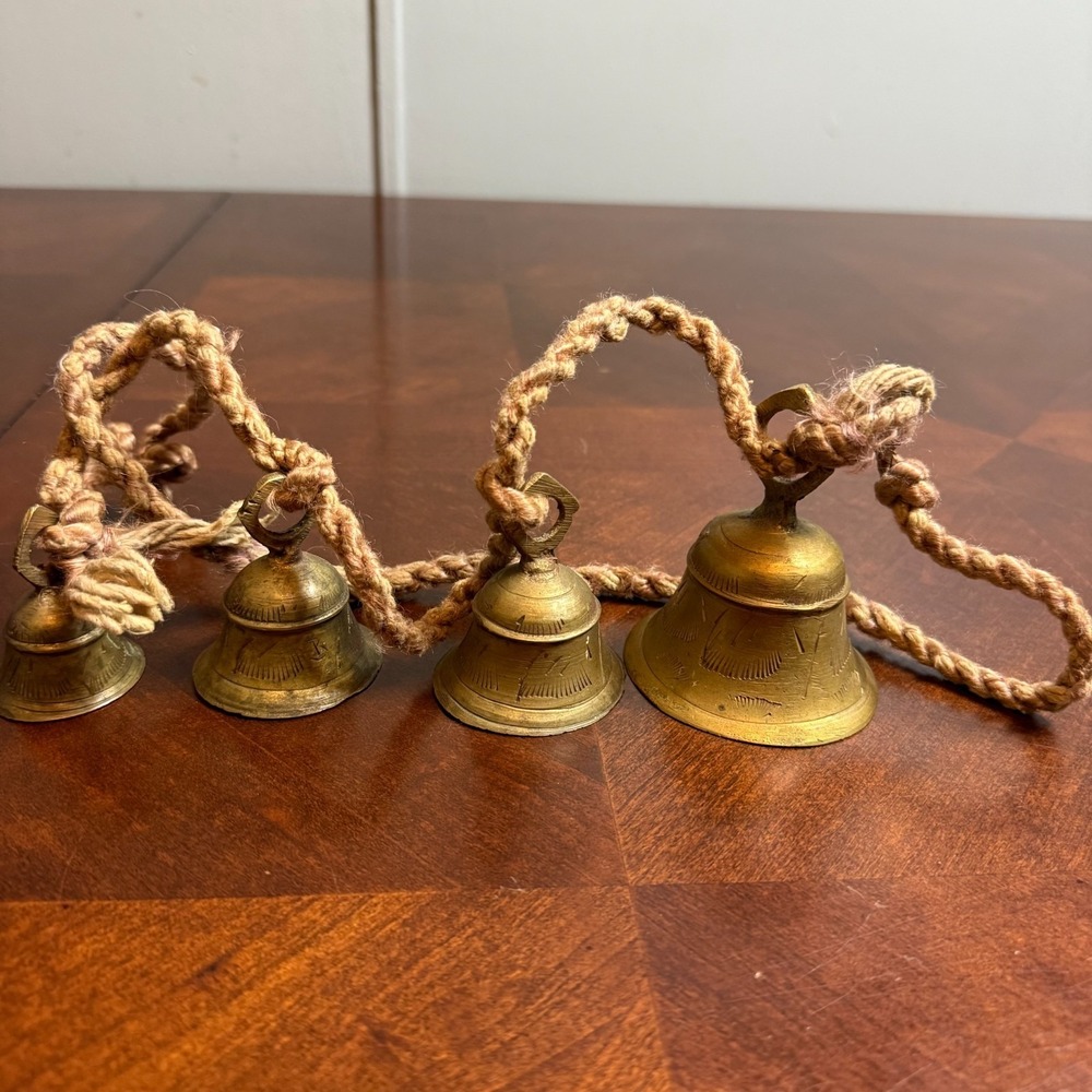 vintage indian brass hanging bells lot of 4 hand engraved boho farmhouse‎ decor
